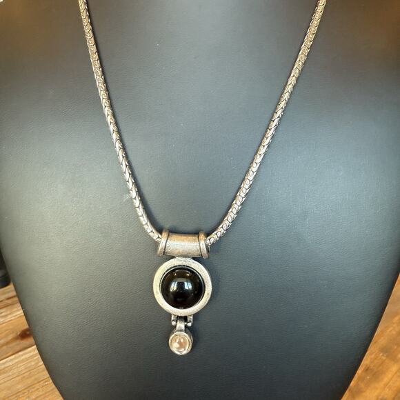 Chico's Silver Tone Unique Snake Chain with Black & Clear Round Pendant Necklace - Picture 1 of 4